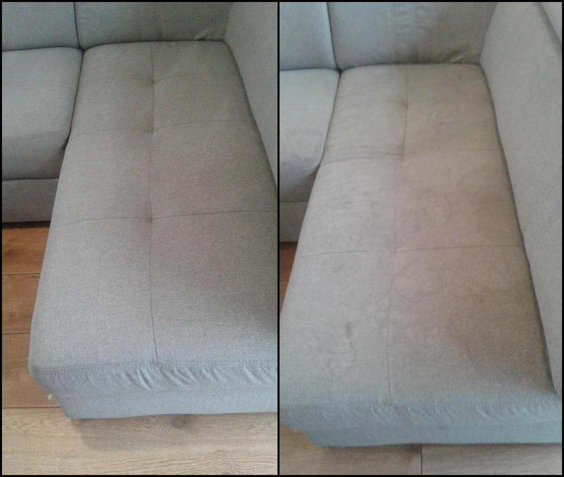 Porównanie fragmentu szarej sofy modułowej przed i po czyszczeniu, widoczne różnice w odcieniu i usunięte zabrudzenia na tapicerce.