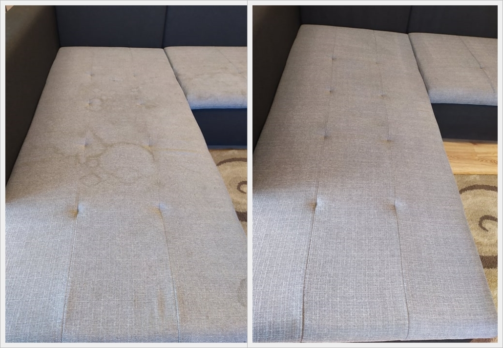 Fotografia typu 'przed i po' przedstawiająca fragment szarej, narożnej kanapy z widocznymi plamami przed czyszczeniem i czystą tapicerką po zabiegu.