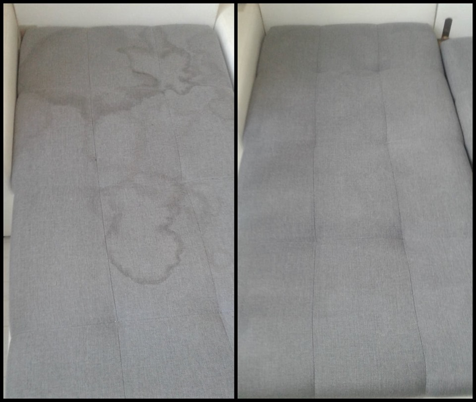 Porównanie stanu siedziska sofy przed i po czyszczeniu, widoczne plamy usunięte z szarej tapicerki.