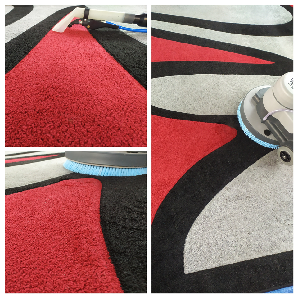 Wielokolorowy dywan z geometrycznym wzorem czyszczony za pomocą ekstraktora i szorowarki z niebieską szczotką.