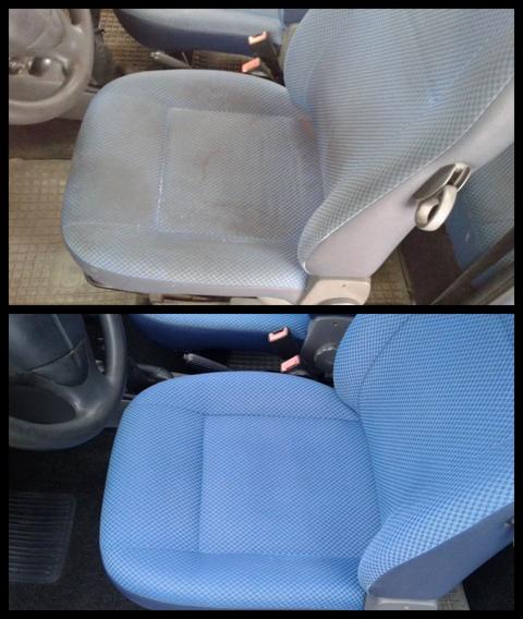 Porównanie fotela samochodowego przed i po czyszczeniu: widoczne zabrudzenia na górnym ujęciu i czysta, błękitna tapicerka na dolnym ujęciu.