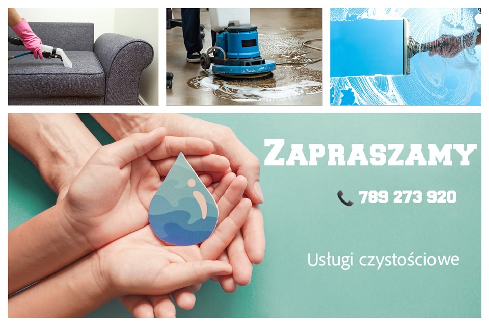 Kompozycja zdjęć prezentująca usługi czystościowe: fragment sofy czyszczony parownicą, maszyna do czyszczenia podłóg w akcji, okno myte ściągaczką, para rąk trzymająca logo firmy w kształcie kropli...