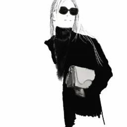 Czarno-biała ilustracja modowa przedstawiająca kobietę w ciemnym płaszczu i okularach słonecznych, trzymającą jasną torebkę.