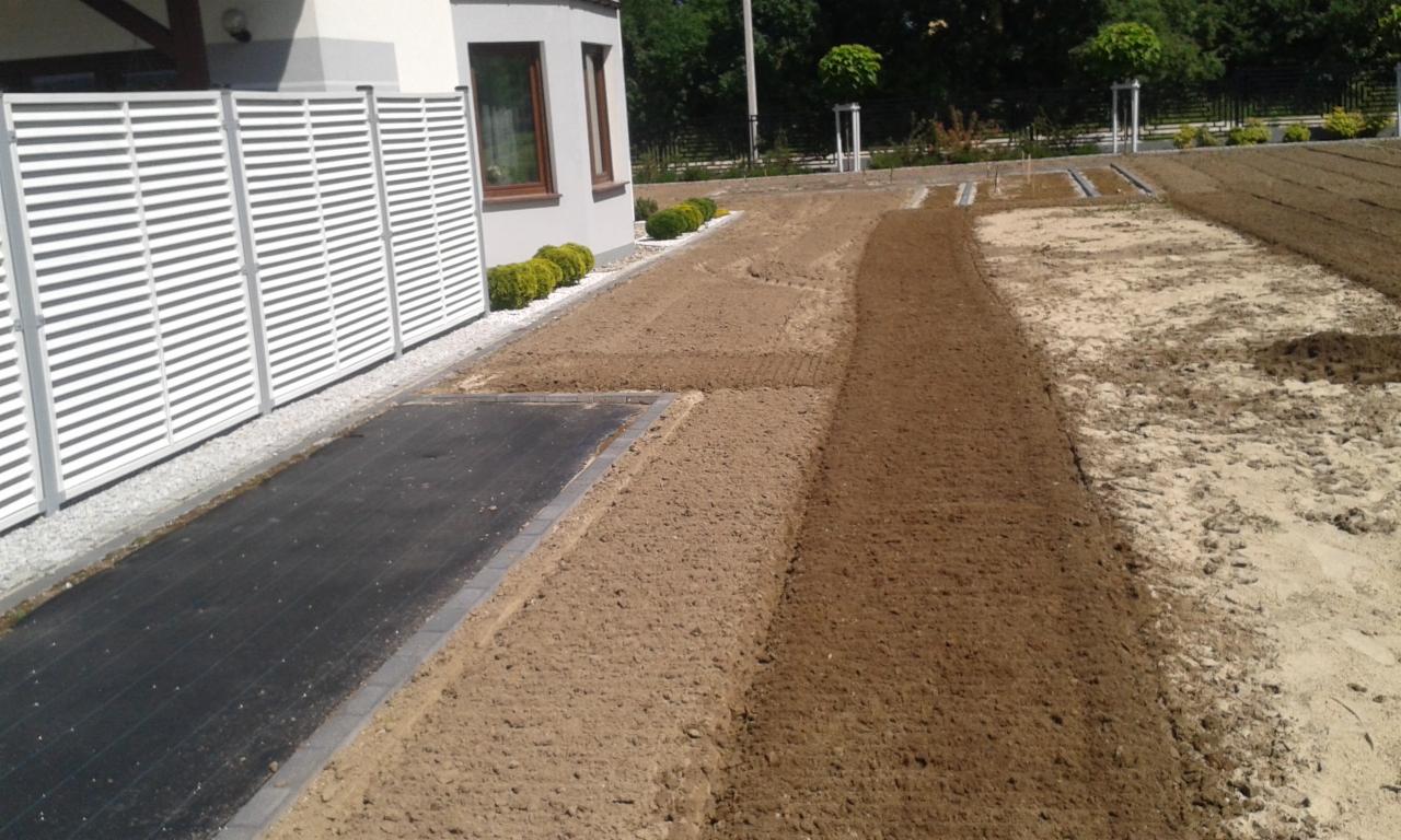 Przygotowany teren pod trawnik z rolki: wyrównana ziemia, widoczna mata szkółkarska, świeżo posadzone krzewy i ozdobne drzewka w tle, nowoczesne ogrodzenie panelowe.