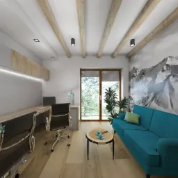 Wizualizacja przestronnego biura domowego z długim biurkiem, dwoma krzesłami biurowymi, turkusową sofą, stolikiem kawowym z filiżankami i fototapetą górską.