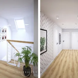 Wnętrze korytarza z drewnianą podłogą, białymi ścianami i czarnymi akcentami, oświetlone punktowymi lampami sufitowymi, z rośliną doniczkową i galerią zdjęć na ścianie.