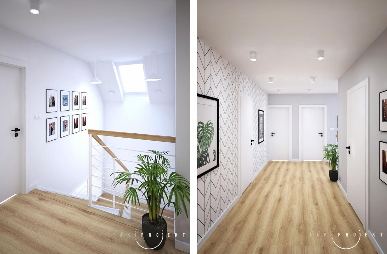 Wnętrze korytarza z drewnianą podłogą, białymi ścianami i czarnymi akcentami, oświetlone punktowymi lampami sufitowymi, z rośliną doniczkową i galerią zdjęć na ścianie.