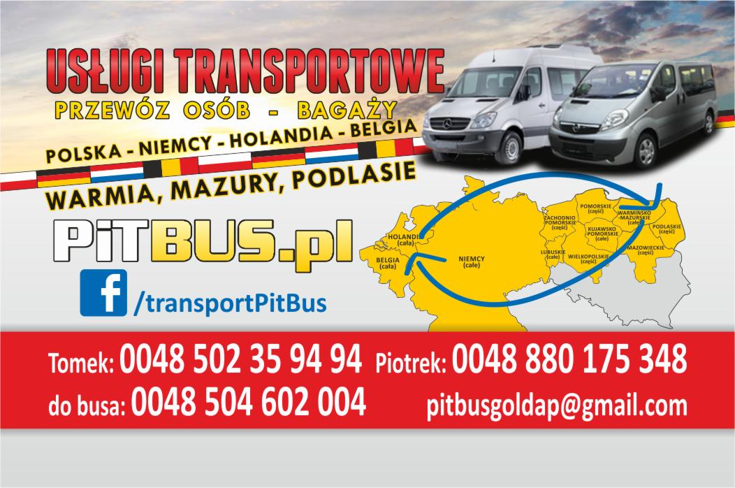Grafika reklamowa firmy Pitbus.pl oferującej usługi transportowe, w tym przewóz osób i bagaży do Niemiec, Holandii i Belgii, z mapą Polski i zaznaczonymi regionami Warmii, Mazur i Podlasia...