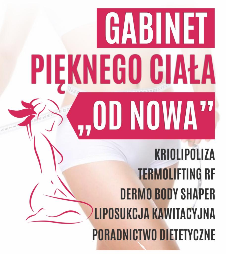 Grafika reklamowa gabinetu pięknego ciała, prezentująca sylwetkę kobiety z miarką, hasło 'Od Nowa' oraz listę zabiegów: kriolipoliza, termolifting RF, dermo body shaper, liposukcja kawitacyjna...