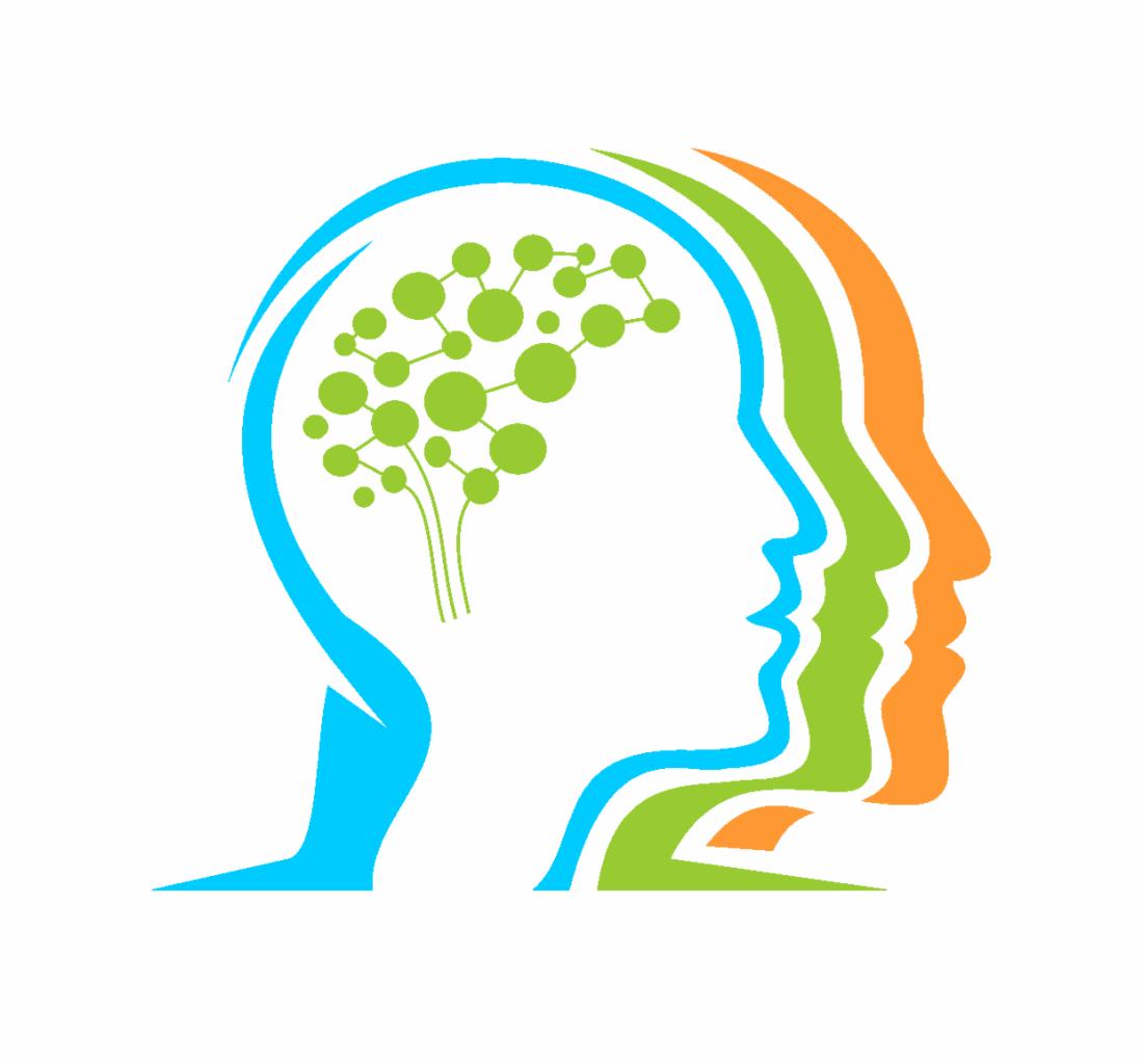 Grafika przedstawia abstrakcyjne profile trzech głów w kolorach niebieskim, zielonym i pomarańczowym, z zielonym symbolem mózgu z połączeniami neuronowymi wewnątrz niebieskiego profilu.