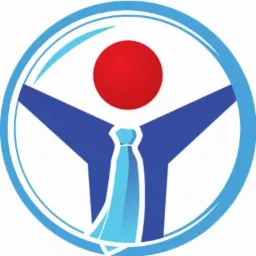 Abstrakcyjne logo przedstawiające postać w garniturze z czerwoną głową wewnątrz niebieskiego okręgu.