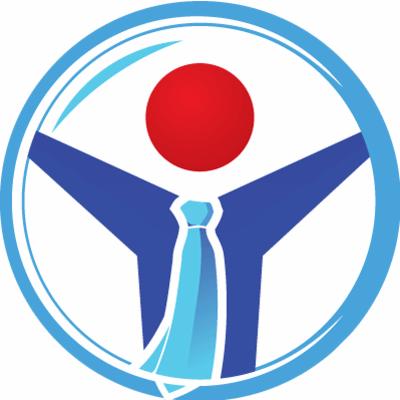 Abstrakcyjne logo przedstawiające postać w garniturze z czerwoną głową wewnątrz niebieskiego okręgu.