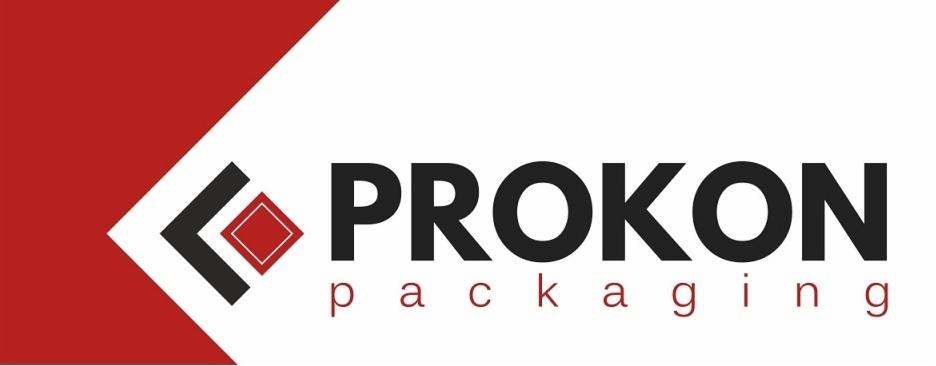 Logo firmy PROKON packaging z czerwonym trójkątem i symbolem w lewym górnym rogu.