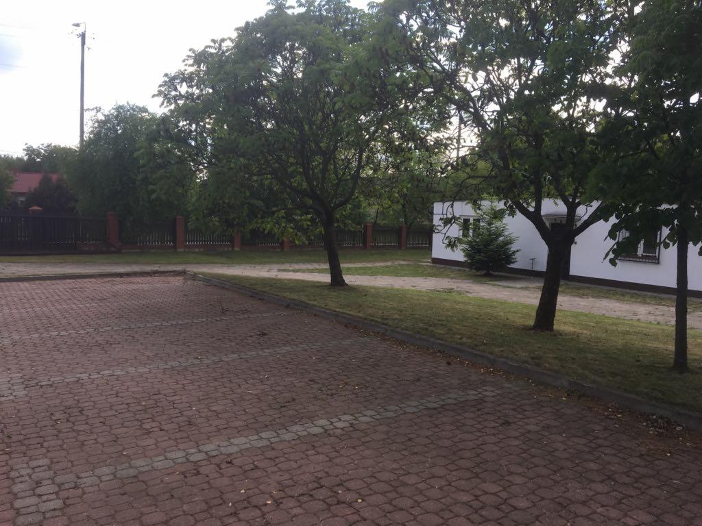 Obszerny parking z kostki brukowej przed budynkiem z trawnikiem i drzewami, widok z poziomu gruntu.