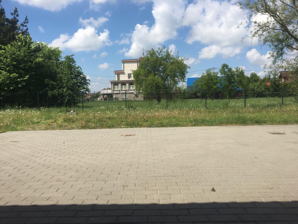 Nierówny teren z wysoką trawą i drzewami przed domem z jasną elewacją, widok z poziomu chodnika.