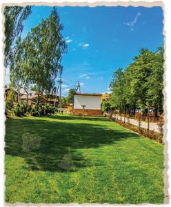 Rozległy trawnik w otoczeniu drzew, przygotowany pod wydarzenie plenerowe, z widoczną białą ścianą/ekranem w tle.