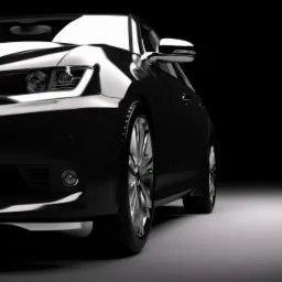 Częściowy widok luksusowego, czarnego samochodu z błyszczącym lakierem i chromowanymi felgami, oświetlonego w studiu na ciemnym tle.