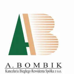 Logo firmy A. BOMBIK Kancelaria Biegłego Rewidenta Spółka z o.o. przedstawiające stylizowaną literę A w kolorze zielonym i B z poziomych pasków w kolorze beżowym.