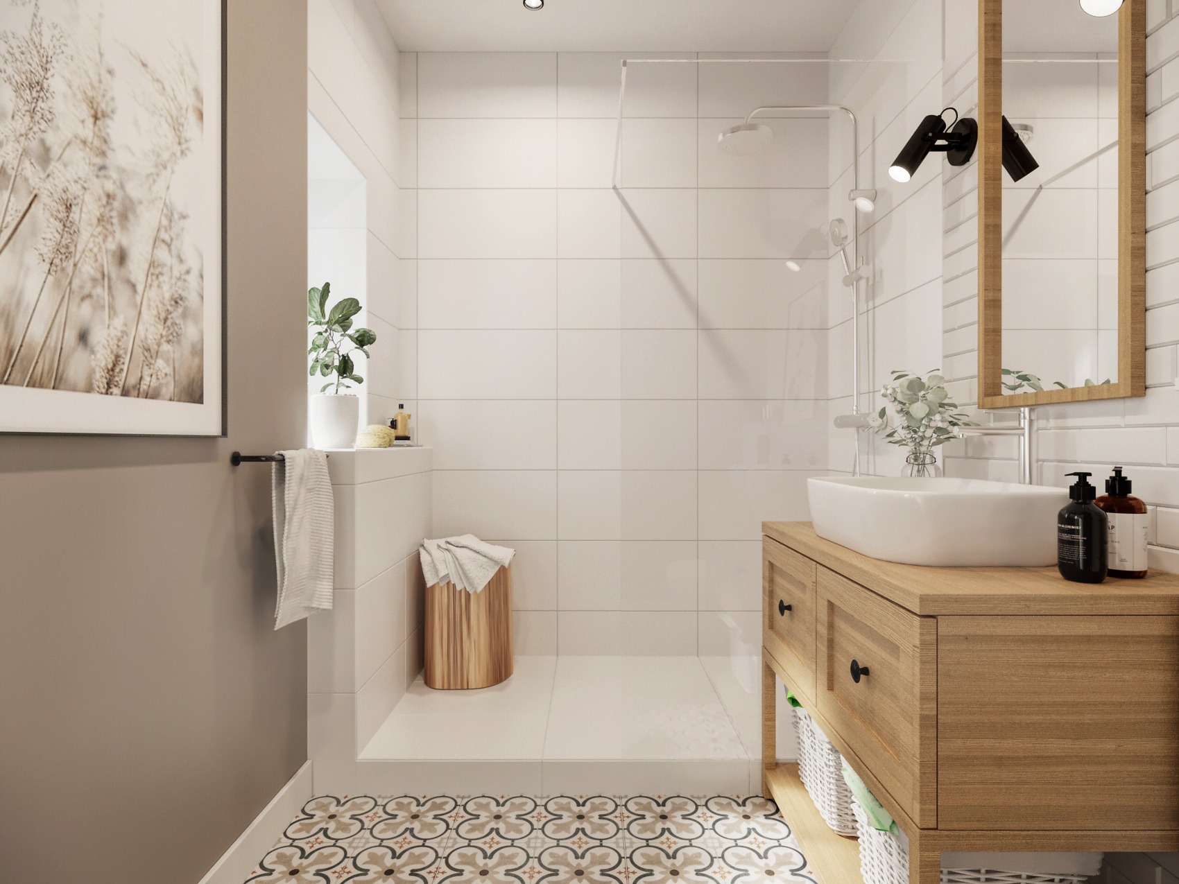 Jasna łazienka z kabiną prysznicową typu walk-in, umywalką nablatową na drewnianej szafce, okrągłym taboretem z ręcznikiem i wzorzystą podłogą.