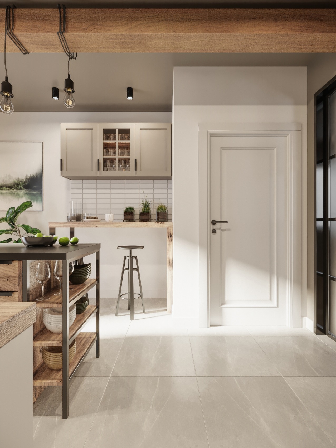 Nowoczesna kuchnia z elementami drewna: wiszące szafki z przeszklonymi frontami, drewniany blat, wyspa z półkami i metalowym stelażem, oświetlenie punktowe i wiszące żarówki Edison, jasna podłoga...