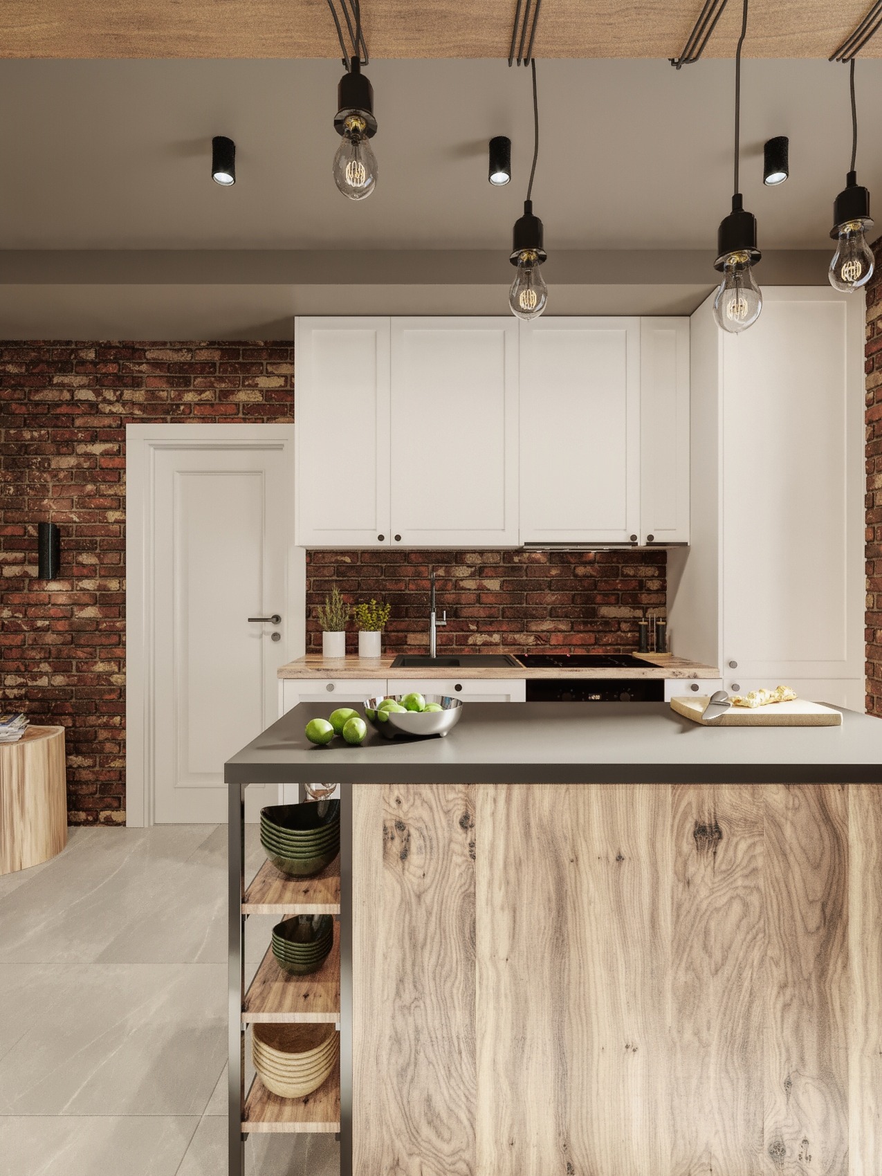 Kuchenne wnętrze w stylu loft z białymi szafkami, ceglaną ścianą i wyspą z drewnianym frontem i półkami na miski. Nad wyspą wiszą lampy z żarówkami Edisona.