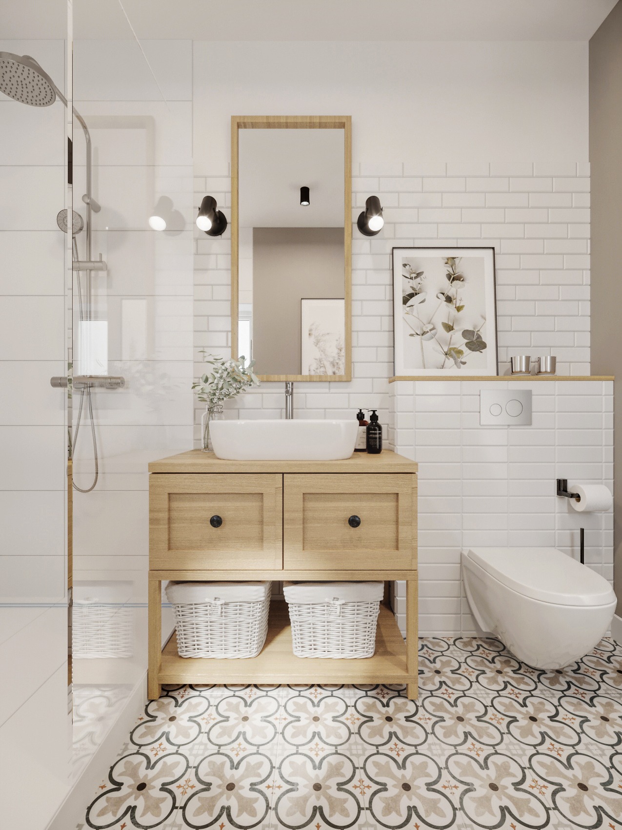 Jasna łazienka z drewnianą szafką pod umywalką, wzorzystą podłogą i minimalistyczną toaletą podwieszaną