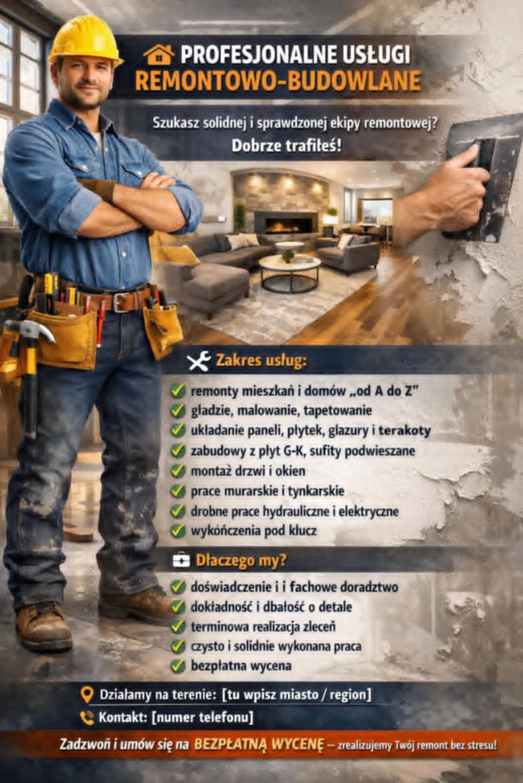 Profesjonalne usługi remontowo-budowlane: ekipa remontowa, zakres usług (remonty, gładzie, malowanie, zabudowy G-K, montaż drzwi), doświadczenie, dokładność, terminowość.
