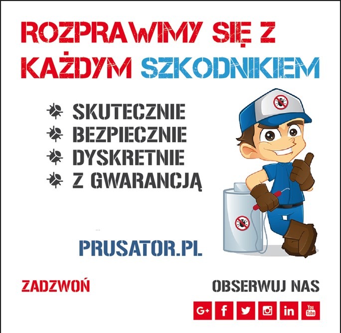 Grafika reklamowa: Rozprawimy się z każdym szkodnikiem. Skutecznie, bezpiecznie, dyskretnie, z gwarancją. Prusator.pl. Zadzwoń, obserwuj nas.
