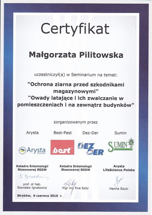 Certyfikat ukończenia seminarium na temat ochrony ziarna przed szkodnikami magazynowymi oraz zwalczania owadów latających w budynkach, z logo organizatorów Arysta, Best-Pest, Dez-Der i Sumin.