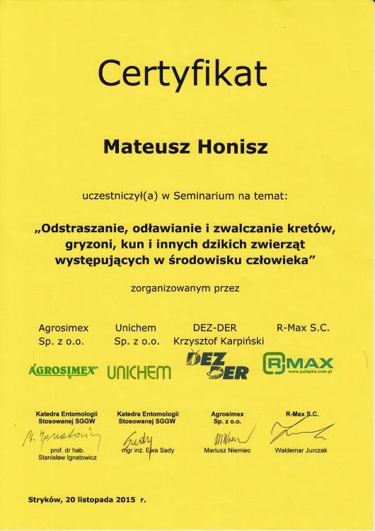 Żółty certyfikat uczestnictwa w seminarium dotyczącym odstraszania i zwalczania kretów, gryzoni i innych dzikich zwierząt, z logotypami organizatorów i podpisami osób odpowiedzialnych.