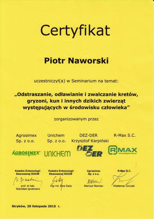 Skan certyfikatu dla Piotra Naworskiego za uczestnictwo w seminarium na temat odstraszania i zwalczania gryzoni oraz innych dzikich zwierząt, z logotypami organizatorów: Agrosimex, Unichem, DEZ-DER...