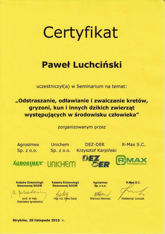 Skan certyfikatu dla Pawła Luchcińskiego z seminarium o zwalczaniu kretów, gryzoni i innych dzikich zwierząt, wydany w Strykowie. Certyfikat zawiera logotypy firm Agrosimex, Unichem, DEZ-DER...