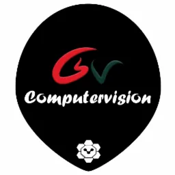 Logo firmy Computer Vision z czerwono-zielonym symbolem GV nad nazwą i stylizowaną ikoną koła zębatego na czarnym tle w kształcie odwróconej kropli.