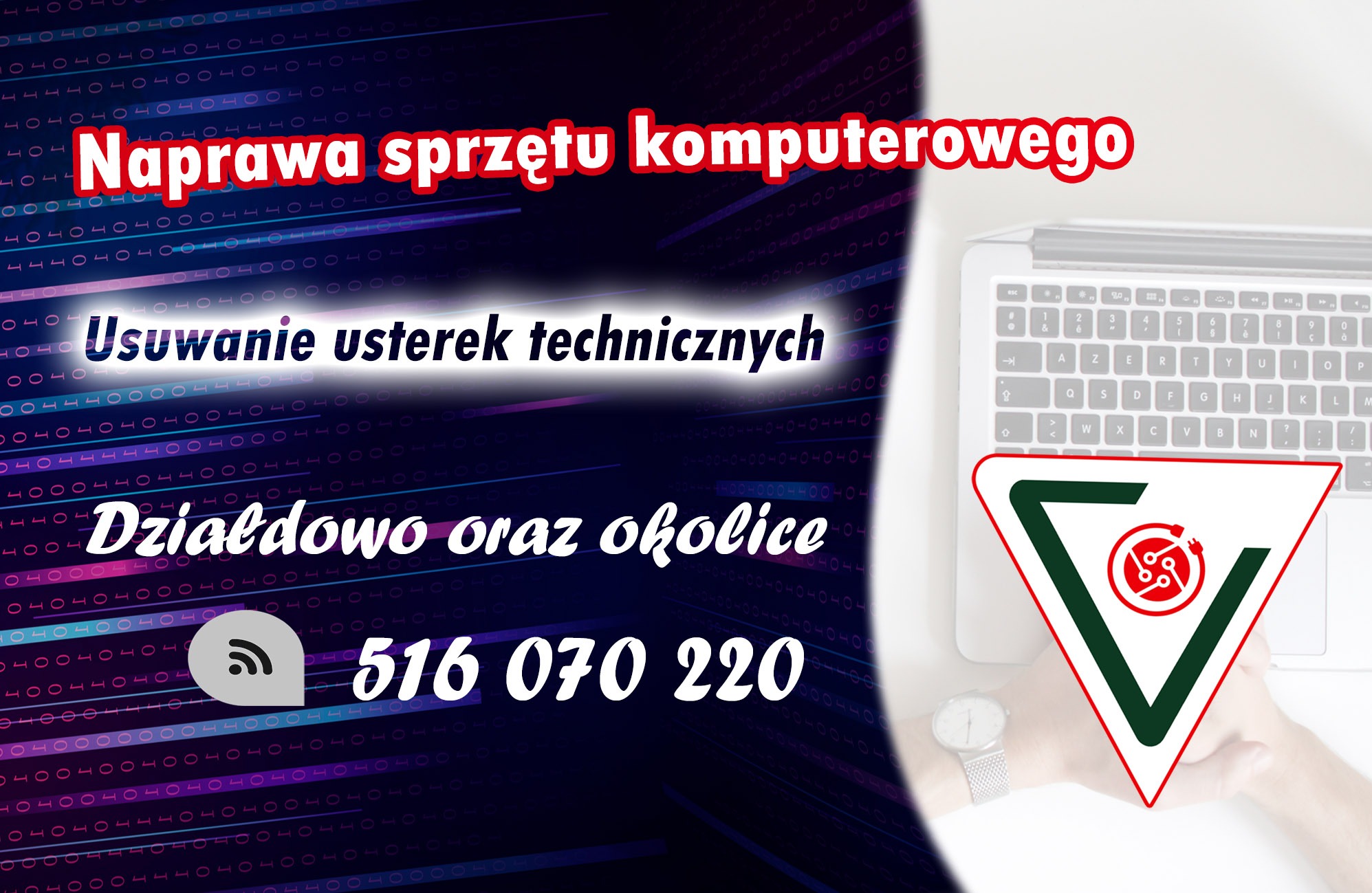 Grafika reklamowa serwisu naprawy komputerów z hasłem 'Naprawa sprzętu komputerowego', numerem telefonu i logotypem na tle laptopa.