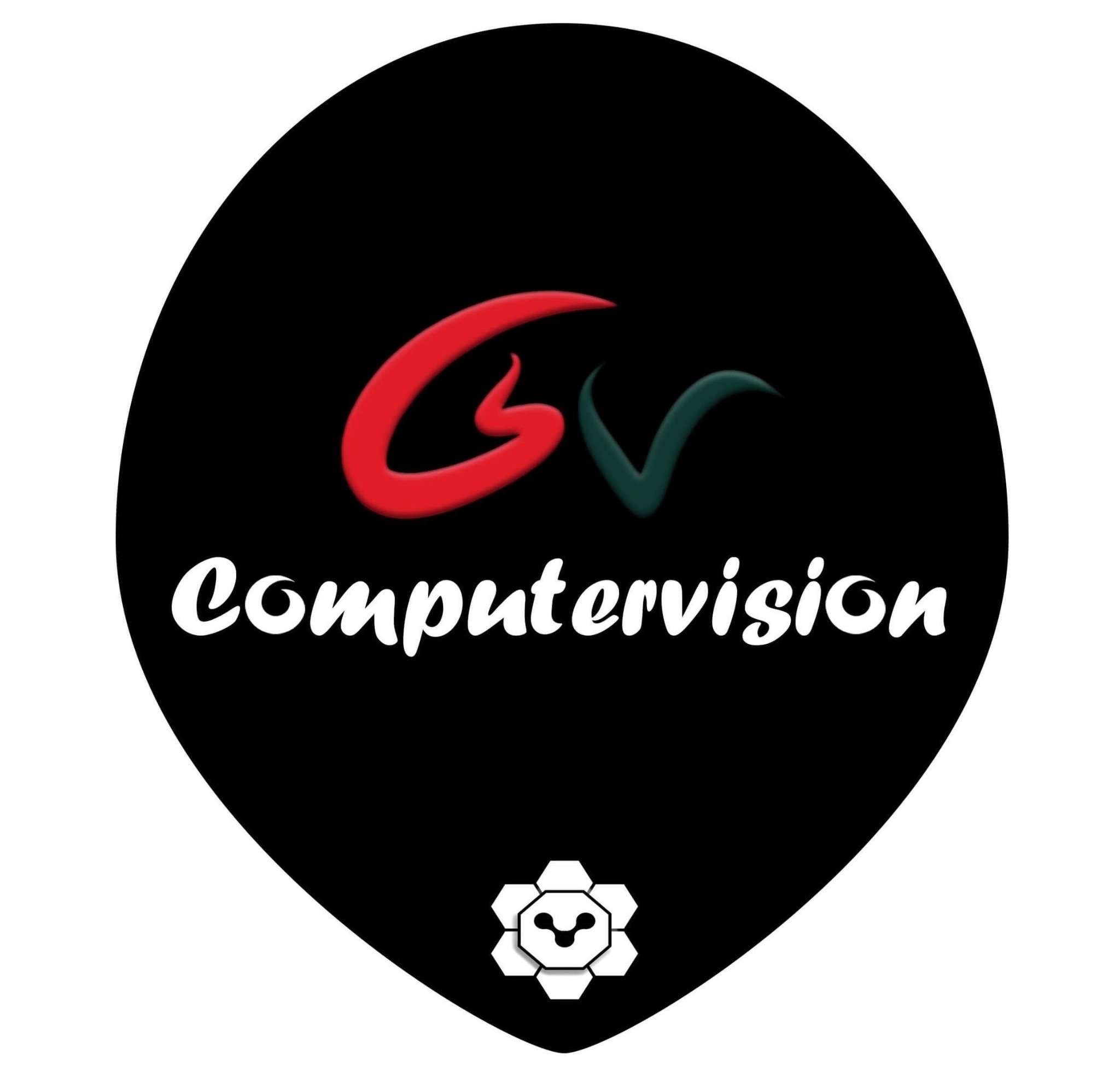 Logo firmy Computer Vision z czerwono-zielonym symbolem GV nad nazwą i stylizowaną ikoną koła zębatego na czarnym tle w kształcie odwróconej kropli.