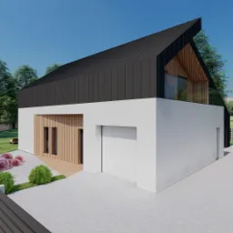Wizualizacja nowoczesnego domu jednorodzinnego z czarnym dachem i białymi ścianami, z elementami drewnianymi, otoczonego zielenią i ogrodzeniem.