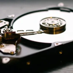 Otwarty dysk twardy z widocznymi talerzami i głowicą na ciemnym, drewnianym tle.