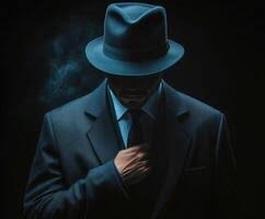 Mężczyzna w ciemnym garniturze i kapeluszu, z twarzą w cieniu, poprawia krawat na tle ciemnego, zadymionego tła. Klimat tajemniczości i profesjonalizmu.