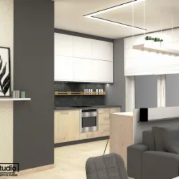 Wizualizacja wnętrza mieszkania we Wrocławiu: szaro-biała kuchnia z drewnianymi akcentami, minimalistyczny salon z szarą sofą, grafika z motywem liści na ścianie z geometrycznym wzorem.