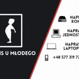 Wizytówka serwisu komputerowego z minimalistycznym logo przedstawiającym sylwetkę dziecka w ramce, obok ikony konsoli, komputera stacjonarnego, laptopa i telefonu oraz tekst informujący o naprawie...