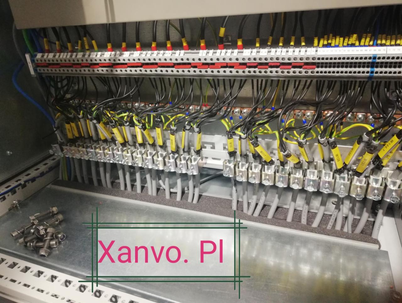 Rozdzielnica elektryczna w szafie, widoczne liczne przewody z oznaczeniami, listwy zaciskowe i metalowe elementy montażowe, kilka śrub leży na dnie szafy.