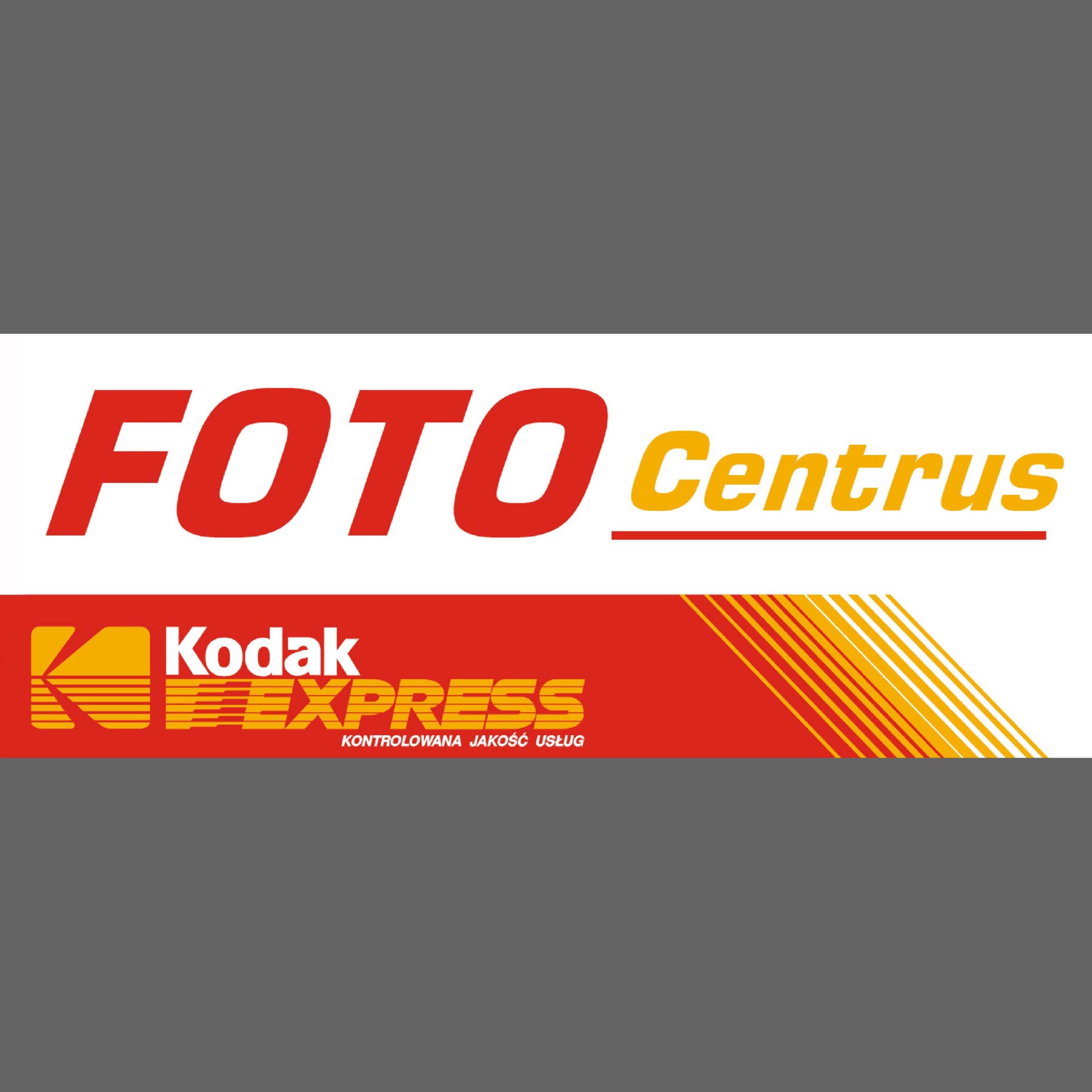 Logo Foto Centrus Kodak Express z napisem Kontrolowana Jakość Usług na czerwono-żółtym tle.