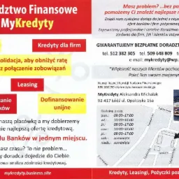 Plakat reklamowy firmy MyKredyty oferującej doradztwo finansowe, kredyty, leasing i pożyczki, z mapką dojazdu do placówki w Łodzi.