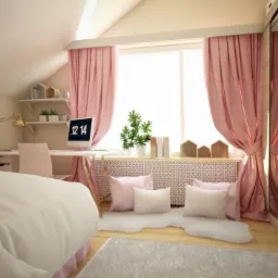 Jasna sypialnia na poddaszu z biurkiem, komputerem pokazującym godzinę 12:14, różowymi zasłonami, dekoracyjnymi poduszkami i dywanem.