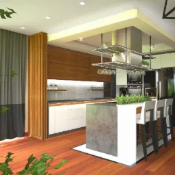 Nowoczesna kuchnia z drewnianymi szafkami, wyspą z szarym blatem i białymi krzesłami barowymi, oświetlona wiszącymi lampami geometrycznymi, z widokiem na zieleń za oknem.