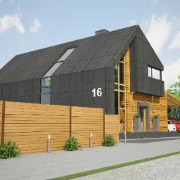 Wizualizacja nowoczesnego domu z czarną, panelową elewacją i drewnianymi akcentami, numer domu '16' widoczny na elewacji, drewniane ogrodzenie wzdłuż posesji, kostka brukowa i trawnik na podjeździe.