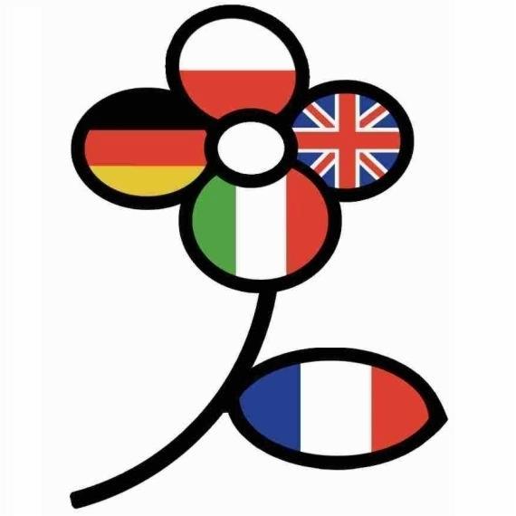 Stylizowany kwiat z płatkami w kolorach flag Polski, Niemiec, Wielkiej Brytanii, Włoch i Francji.