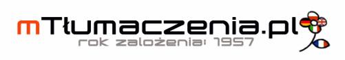 Logo firmy tłumaczeniowej z nazwą 'mTłumaczenia.pl' i rokiem założenia 1957, obok stylizowany kwiat z flagami różnych krajów.