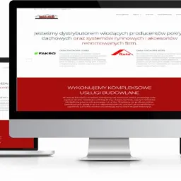 Responsywna strona internetowa firmy budowlanej Mad-Bud wyświetlana na monitorze, laptopie, tablecie i smartfonie, prezentująca ofertę dystrybucji pokryć dachowych i systemów rynnowych.