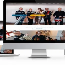 Responsywna strona internetowa zespołu muzycznego Super Live Band wyświetlana na monitorze, laptopie, tablecie i smartfonie.